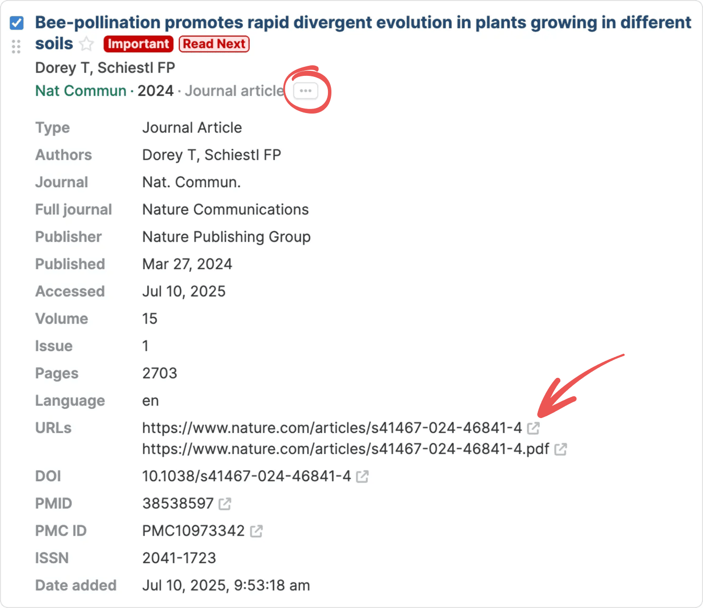 The expanded reference details panel listing Type, Authors, Journal, Publisher, Published, Accessed, Volume, Issue, Pages, Language, URLs, DOI, PMID, PMC ID, ISSN and Date added, with an arrow pointing to the open-link icon beside a URL.